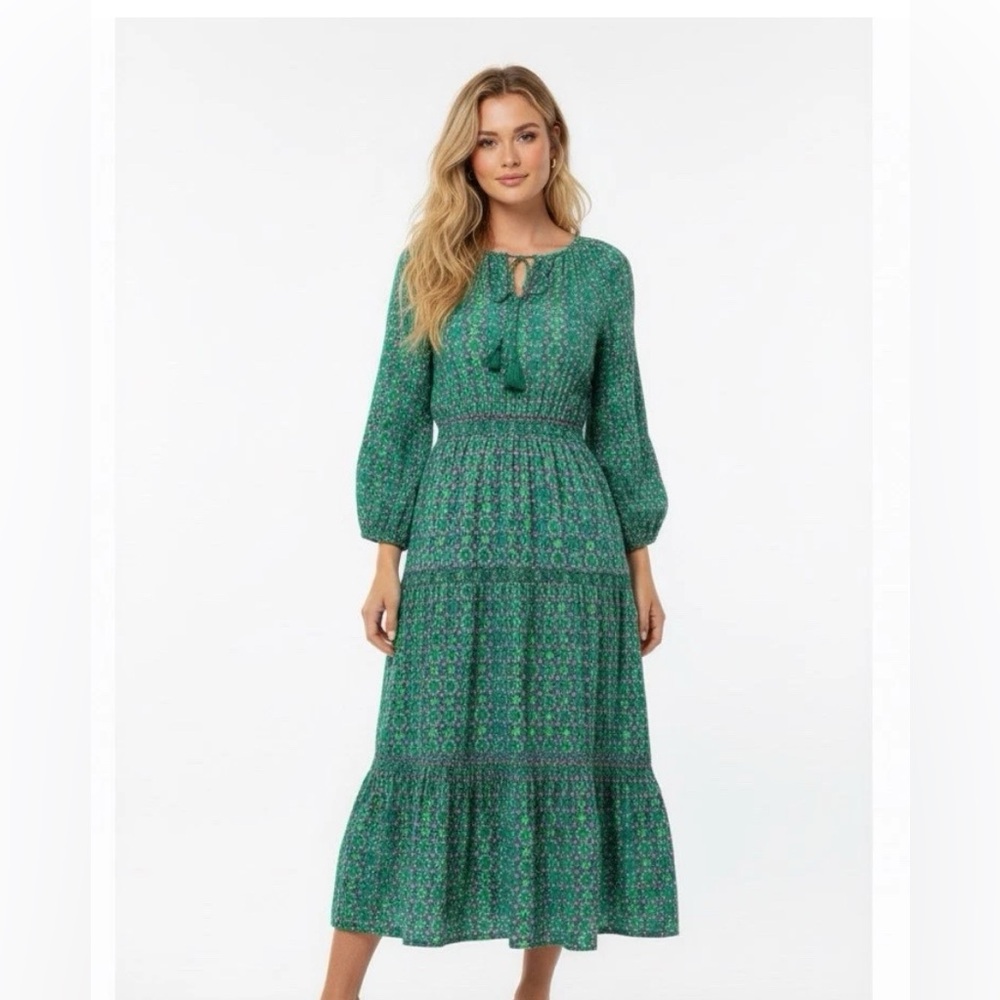 Matilda Jane Floral Boho Cottagecore Tiered Peasant Midi Dress Green Large NWT - Picture 2 of 9
